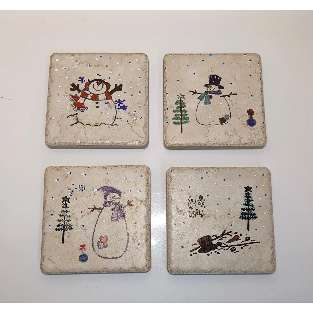Hand Painted Snowman Stone Tile Coasters Set of 4 Winter Holiday Christmas Decor